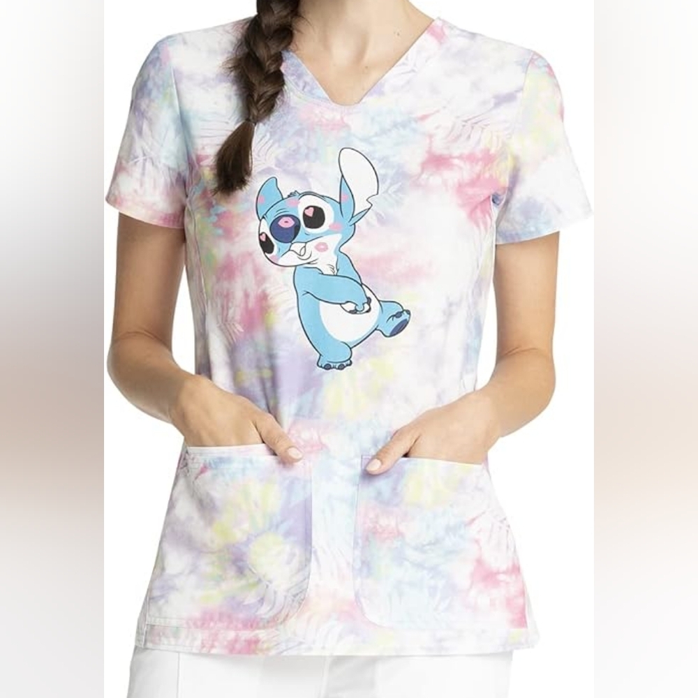 NWT Tooniforms Stitch Kisses Tie-Dye Scrub Top